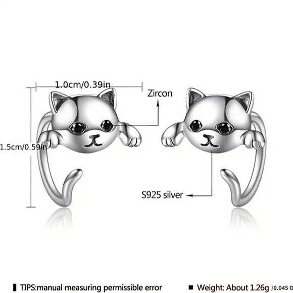 S925 Solid Sterling Silver Stamped Kitty Studs - Picture 2 of 3